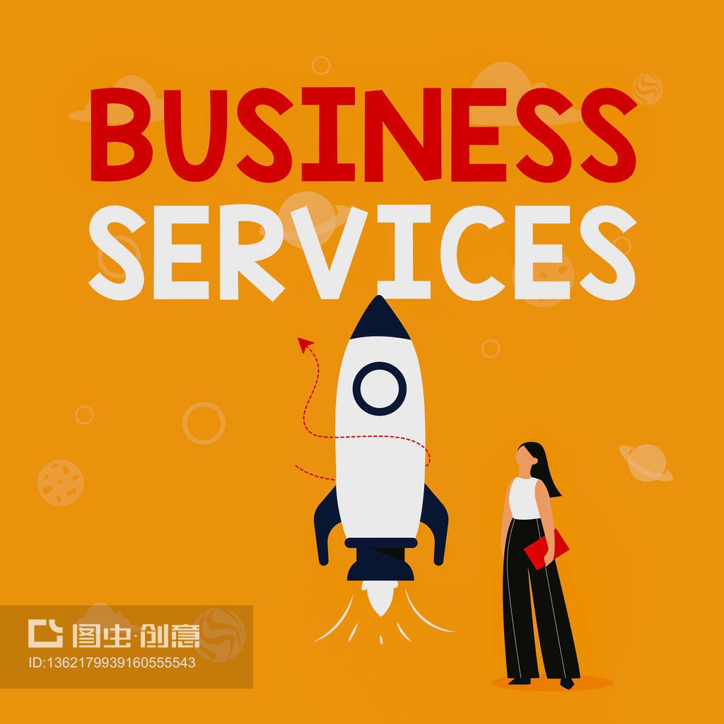 灵感显示标志商务服务。概念含义提供无形产品簿记信息技术会计插图休闲女孩站在火箭船旁边准备发射